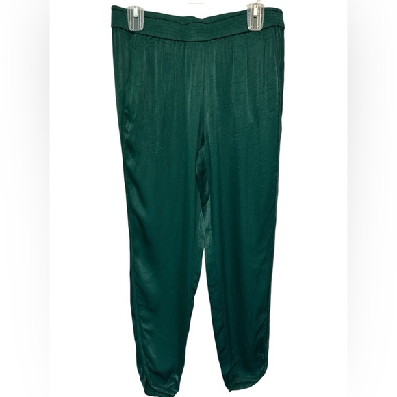 ZARA Elastic Waistband Mid-Rise Satin Tulip Hem Ankle Pants Green - Picture 1 of 5